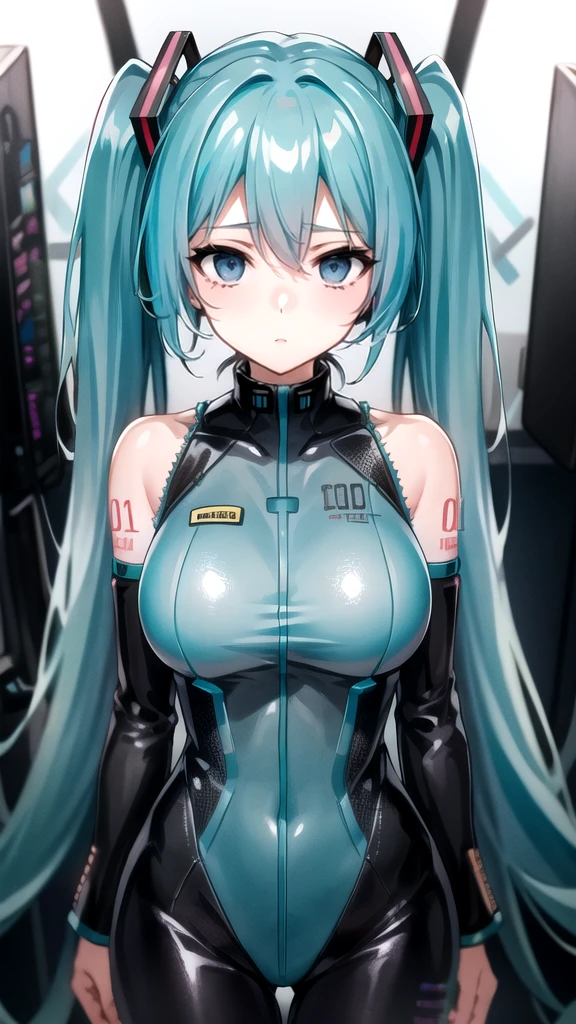 Hatsune Miku Vocaloid, Twin Tails, Light Blue Eyes, Light Blue Hair, Pichi Pichi Bodysuit, Cyber punk, Ultimate Physical Beauty, Beautiful Eyes, embarrassed look , ((Big Breasts)), 8K CG, Top Quality, Best Image Quality,