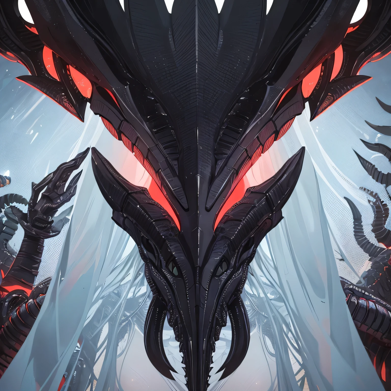 An intricately detailed image of a Xenomorph, the enigmatic and fearsome alien creature from the Alien franchise, intently engrossed in contemplation over a classic chessboard. The Xenomorph's powerful and sinewy form, adorned in a harsh, metallic exoskeleton, shines ominously under the soft, ambient light, with its head cocked to one side, revealing its deep concentration and unparalleled intelligence. The Xenomorph's menacing visage is bathed in a dark navy, almost black, hue, contrasting starkly with the crisp, red and white squares of the chessboard. This hyper-real