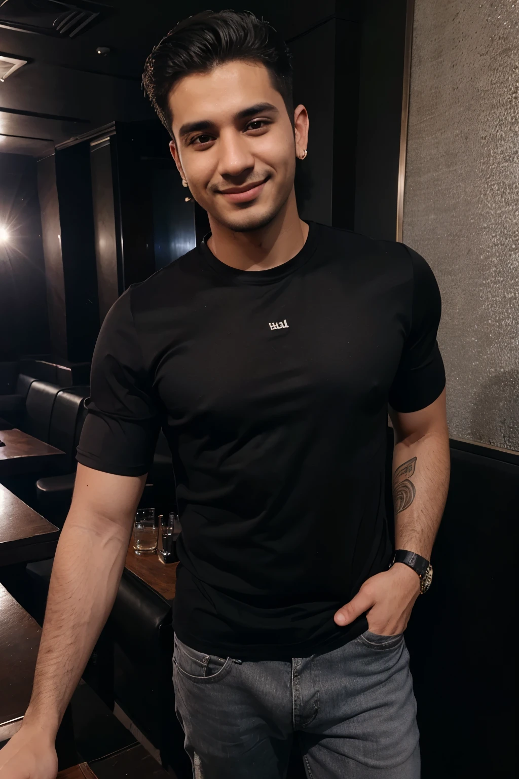 25 years old man named Keren, arabic origins, in the club, he is smiling, black shirt sleeve shirt, short straight hair