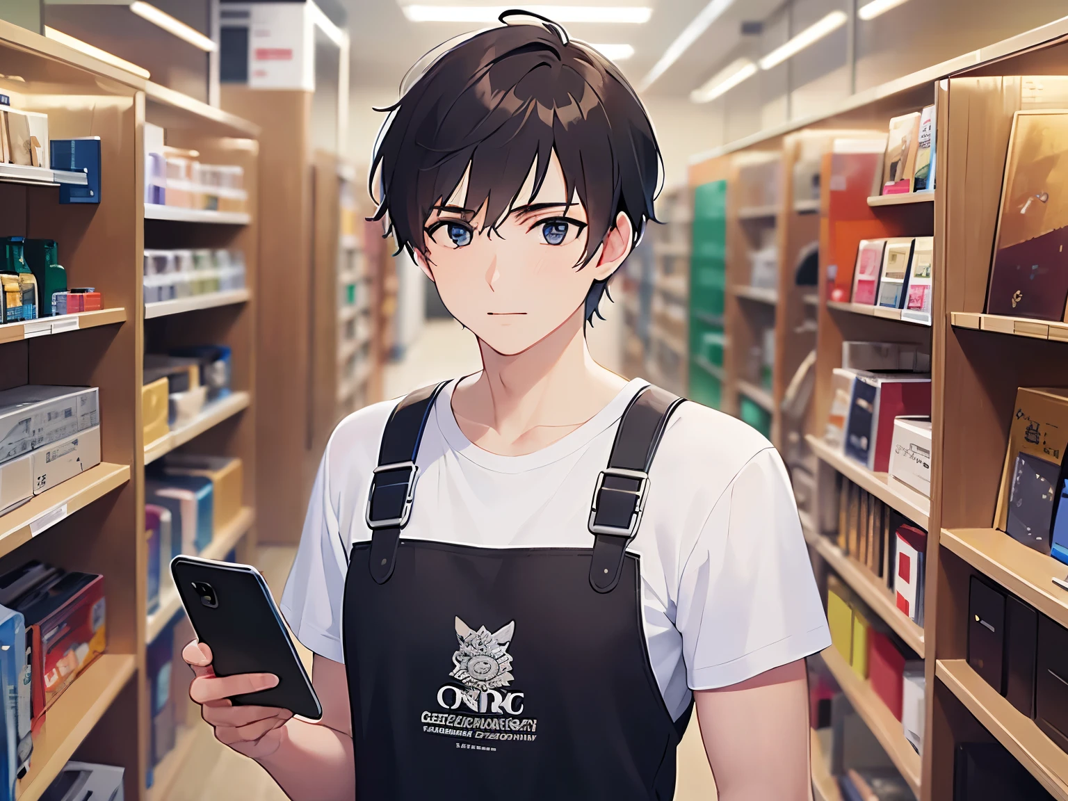 Biologically correct five fingers, extremely detailed CG, 8k, super fine illustration, (holding a phone:1.3), (looking away:1.5), close-up of your face, masterpiece, top quality, (manly 25 year old man: 1.5) and (short black hair) and ( blue eyes), (, white T-shirt: 1.5) and (black apron), standing, smiling, the background is the interior of an electronics shop, (alone: ​​​​​​1.5),