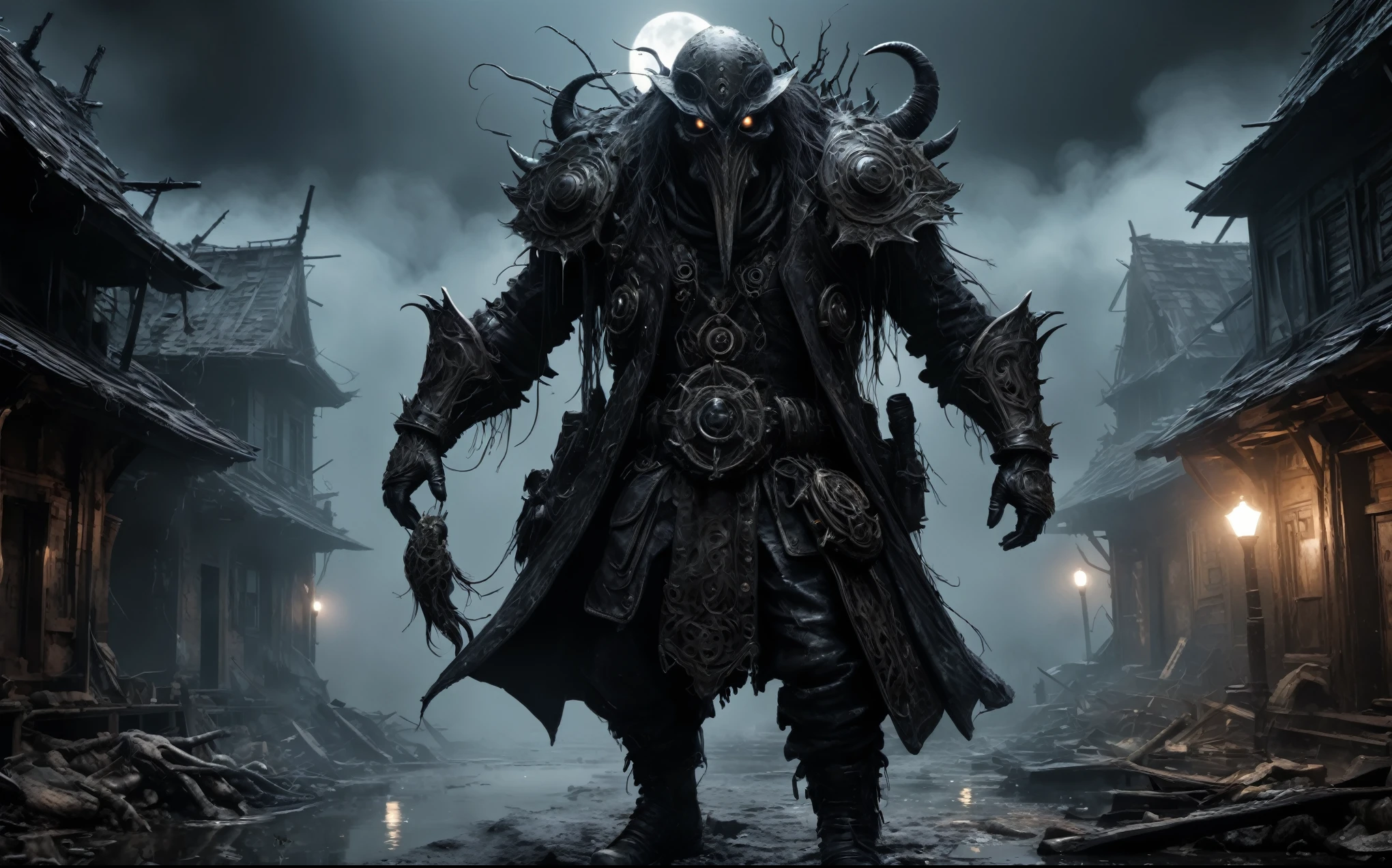 full body length,Obsidian jibaro,ominous swamp,Obsidian moon,intricate details of night,realistic humid skin,Hobgoblin,Fashioned from rocks, collapsed city, post apocalypse, smoke and fog in the air, sky covered with toxic cloud, collapsed building, (post apocalypse theme), perfect facial symmetry, full body shot, hyper realism, hyper detailed,Extremely detailed,High contrast,Masterpiece,Realistic,Ultra Detailed, intricate details,realistic humid leather,extremly intricate,Epic Realistic,by nicola samori ,by irina yermolova,high contrast,hdr,extremely detailed,masterpiece, intricate details, eyes extremely detailed, high detailed eyes,8k resolution,retina, Nikon Z9, vivid light, fantasy, Abstract, Surrealism, super detailed, high resolution, stop:35;