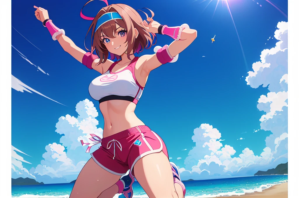 (perfect composition),imagined a girl in extreme sport outfit playing to a flying disc game in a beach arena game sport, masterpiece, ultra-detailed, 80's anime (style), 2D, megapixel, perfectionism, full HD , 4K, (windjammers), windjammers sport game, windjammers 2 (((((solo mature anime woman,)))))++++++++++++++++++, looking at viewer, full body, brown hair and pink hair, short hair, weird hair, smile, lips, eyelashes, medium breasts, gym uniform, uniform, gym shorts, headband, sports bra, elbow pad, knee pad, extreme sports outfit 80's theme, beach background, playing flying disc game on a beach court game, sea, sun in the sky, sports wear