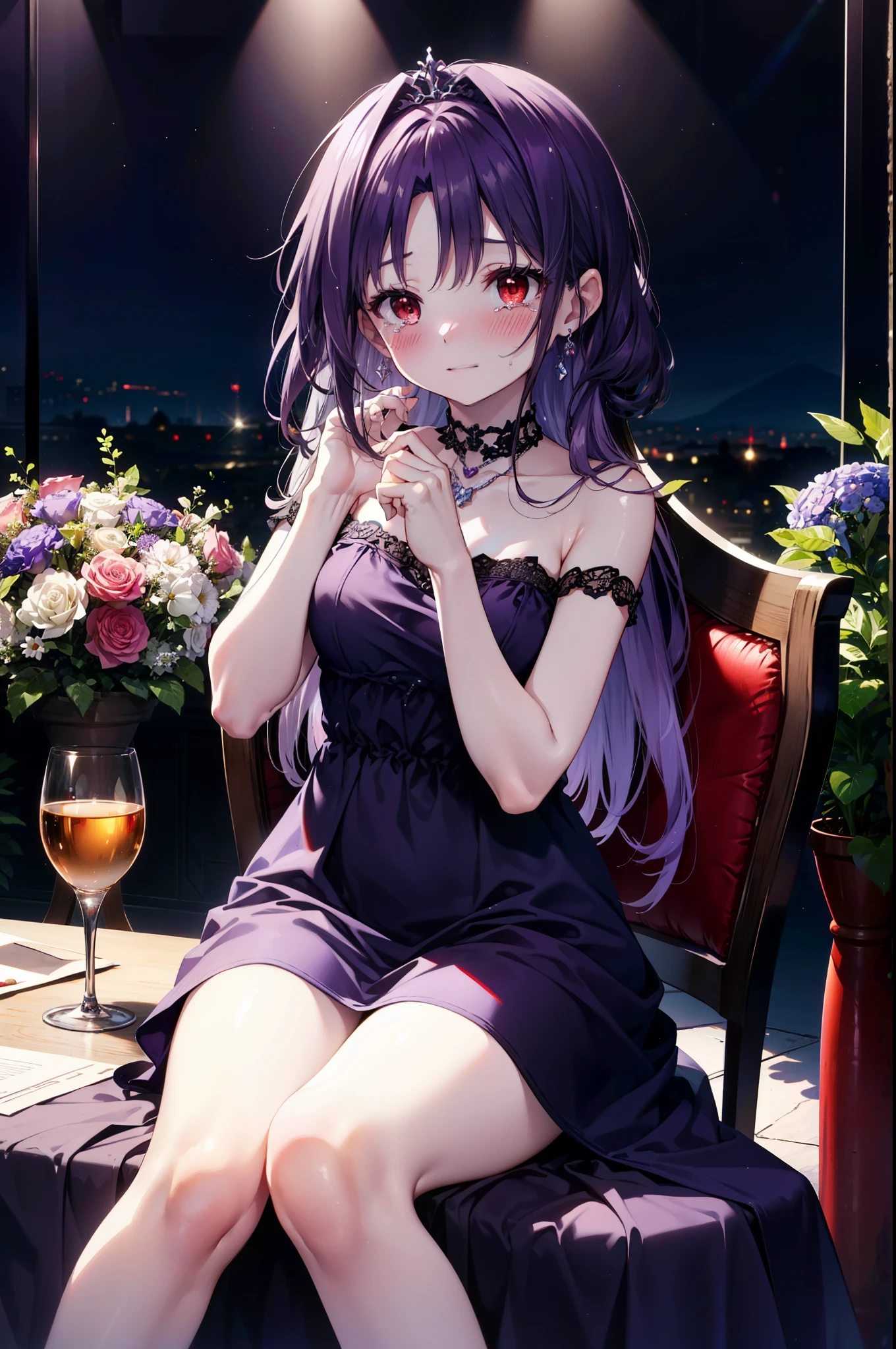 yuukikonno, Yuki Konno,Long Hair, tiara,Pointed Ears, Purple Hair, (Red eyes:1.5), (Small breasts:1.2), smile,Purple Dress,Purple long skirt,purple stiletto heels,Sleeveless,Expose your shoulders,Bare arms,Bare neck,bare clavicle,She is sitting in a chair with a large bouquet of flowers in both hands..,There is a big cake on the table,Heart Necklace,Tears stream down her face,Tears of joy,I cry a lot,whole bodyがイラストに入るように,
break indoors, Party Venue,on stage,
break looking at viewer, whole body,
break (masterpiece:1.2), highest quality, High resolution, unity 8k wallpaper, (shape:0.8), (Beautiful details:1.6), Highly detailed face, Perfect lighting, Extremely detailed CG, (Perfect hands, Perfect Anatomy),