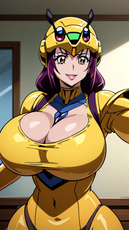 (high quality, Super detailed, 最high quality, Very detailed, beautiful, masterpiece),Realistic image of a bee mature woman,(Evil Cyborg Mech Monster Bee Woman Monster),(Realistic upper body).(Evil Bee Yellow Cyborg Mech Monster Rubber Suit:1.5),(Evil Bee Cyborg Mech Monster Helmet:1.5),Bee Shoulder Armor,Bee Armor Suit,((Super super big breasts)),((Super super super big cleavage)),Big breasts bigger than the face,Bursting breasts,(Human female face:1.5),(Ikuyo Hoshizora (Smile PreCure!) LoRA),