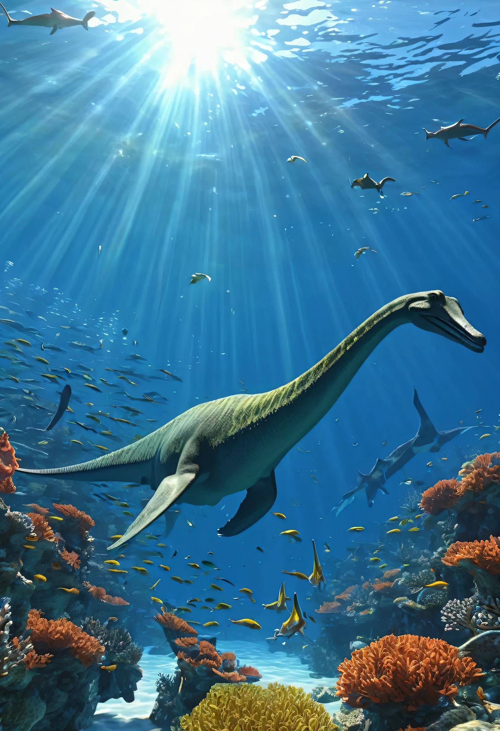 A picture of a plesiosaur swimming among corals and fish in the ocean, Long arms, pterodactyl, outdated, pre-rendered, Giant Sea Creatures Group, dinosaur, Monsters of Loch Ness, large wingspan, Sauropidae Hybrid、There are some waves on the water surface.、Depicts how sunlight penetrates the depths of the ocean。This creature's skin is smooth、Pale blue-green spotted tropical leaf, Coral Reef, Amazing depth, Underwater world, Incredible depth, Detailed painting 4k, Coral Reefs, colorful Coral Reef, Highly Detailed 4K HD Wallpapers, Life in the water, Beautiful Art UHD 4K, tropical sea creatures, coral underwater colorful, Underwater Scene, masterpieceUnderwater Scene