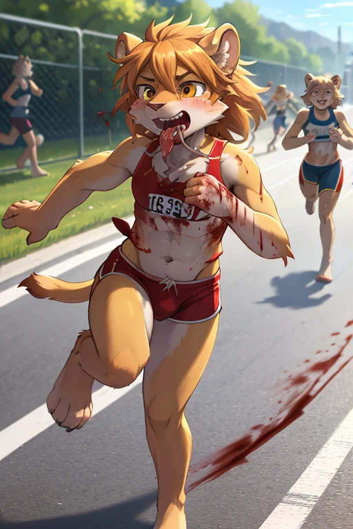 High-definition face , furry lion man , tight fit gym wear , harf gym shorts , barefoot , Sprinting in the marathon , (motion blur) , (Bloody mouth:1.3)