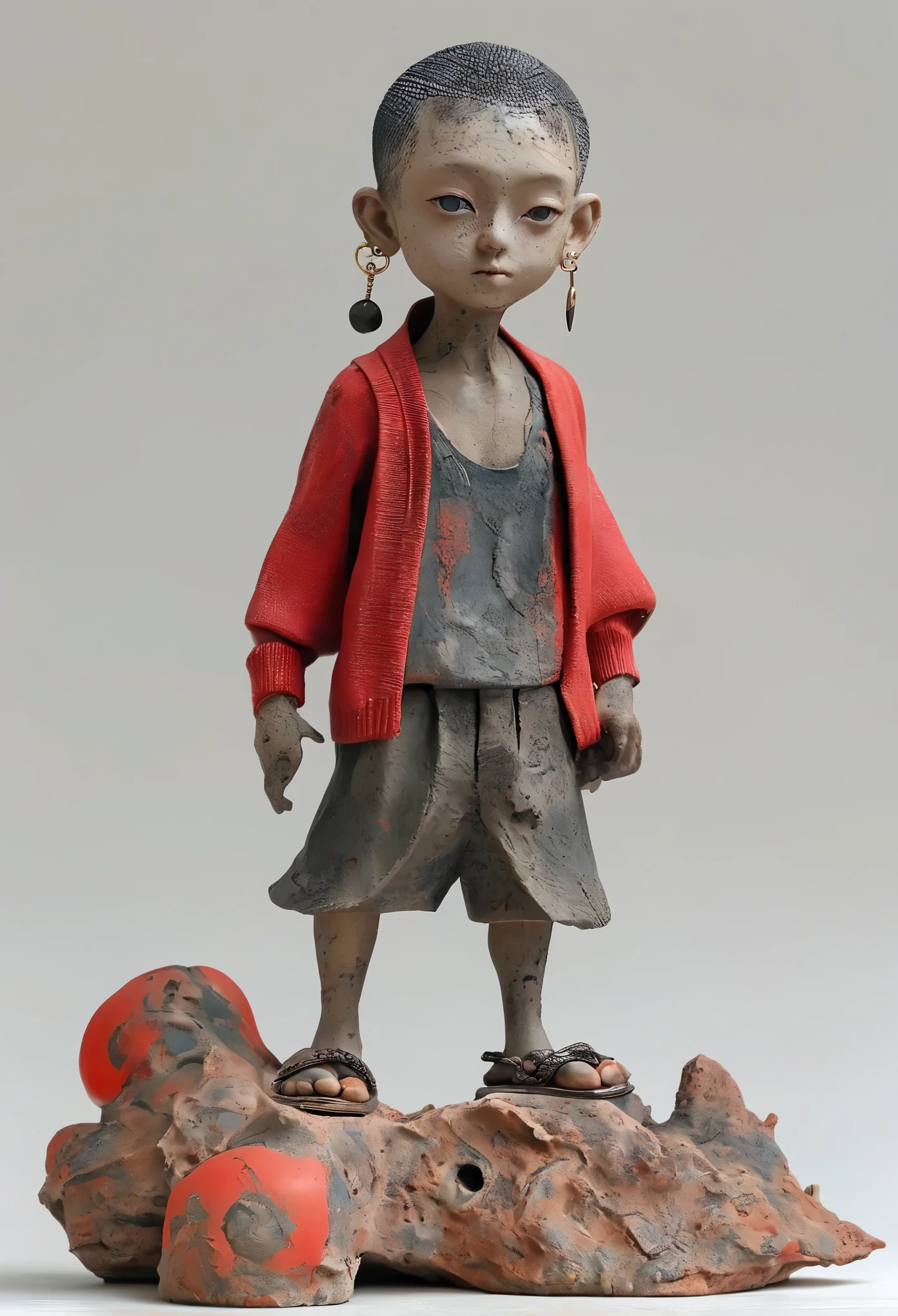 (masterpiece, best quality:1.2),Ultra-light clay，soil，Clay，Rough knitted texture，Old，Dirty， Mineral pigments，3D Clayclay Sculpture Art，clay sculpture，Rough surface，（1boy,earrings,jewelry,male focus,piercing,red eyes,sandals,solo,tattoo