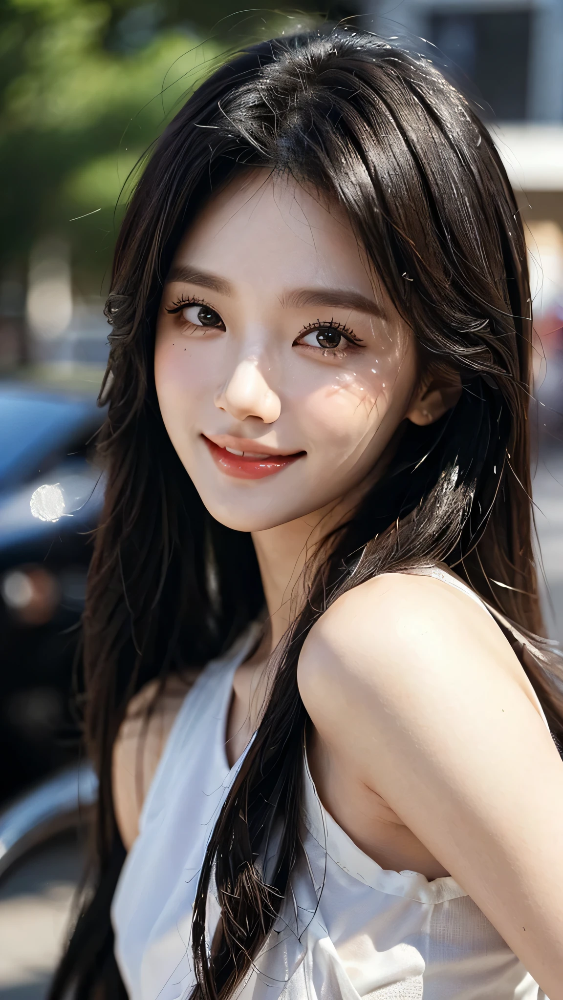 ​masterpiece、top-quality)、1 beutiful girl、(( plain clothes:1.1))、((Wearing black sunglasses )), (Detailed beautiful eyes), ((Detailed skin)) , ((Detailed beautiful hair))、((Smaller face))、((Neutral face))、((Face seen from the side))、((Light brown eyes))、((Korean Girl))、((18year old))、((cool lady))、((A shy smile on his face))、((Korean Makeup))、((elongated and sharp eyes))、((Happy dating))、((Shot from the same height as your face)、), ((CG rendering)), ((Blurred background)), ((deep shadow)),  ((16K)),  ((Very detailed)), ((wallpaper)), ((depth of field)), ((movie light)), (( Ray tracing)).