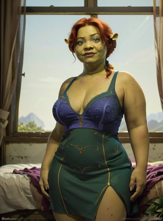 (FionaOrc:1), 1girl, cute, cute pose, (green skin, colored skin, red hair, blue eyes, monster girl, orc female, tick, plump, curvy, freckles, pointy ears), (purple dress:1.2), curvy, looking at viewer, smile, :D, breast focus, leaning forward,
(detailed ladscape, wetland , window, sky, dirt, bed:1.2), (background:1), (dynamic_angle:1.2), (dynamic_pose:1.2), (rule of third_composition:1.3), (dynamic_perspective:1.2), (dynamic_Line_of_action:1.2), solo, wide shot,
(masterpiece:1.2), (best quality, highest quality), (ultra detailed), (8k, 4k, intricate), (full-body-shot:1), (Cowboy-shot:1.2), (50mm), (highly detailed:1.2),(detailed face:1.2), detailed_eyes,(gradients),(ambient light:1.3),(cinematic composition:1.3),(HDR:1),Accent Lighting,extremely detailed,original, highres,(perfect_anatomy:1.2), 
 