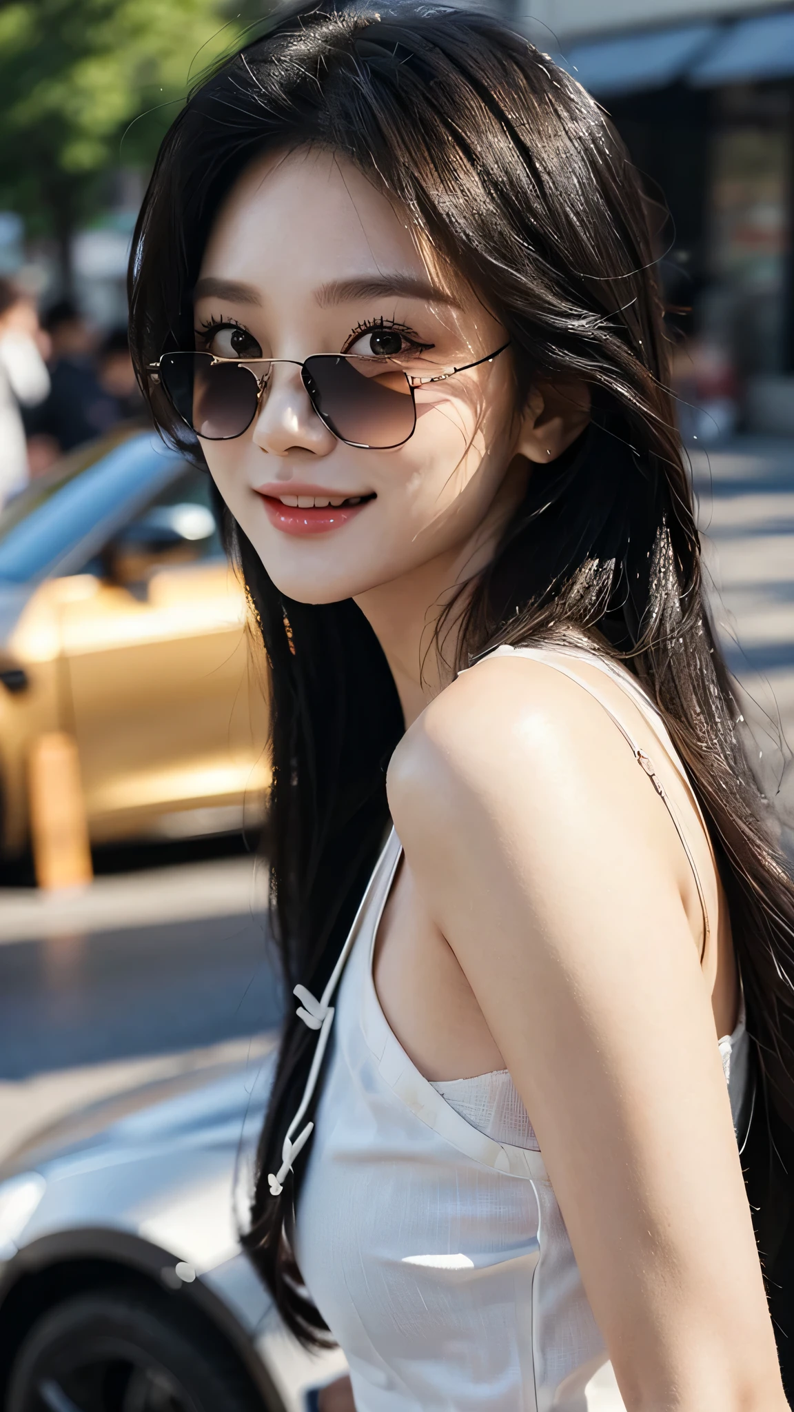 masterpiece、top-quality)、1 beutiful girl、(( plain clothes:1.1))、((Wearing black sunglasses )), (Detailed beautiful eyes), ((Detailed skin)) , ((Detailed beautiful hair))、((Smaller face))、((Neutral face))、((Face seen from the side))、((Light brown eyes))、((Korean Girl))、((18year old))、((cool lady))、((A shy smile on his face))、((Korean Makeup))、((elongated and sharp eyes))、((Happy dating))、((Shot from the same height as your face)、), ((CG rendering)), ((Blurred background)), ((deep shadow)), ((16K)), ((Very detailed)), ((wallpaper)), ((depth of field)), ((movie light)), (( Ray tracing)).