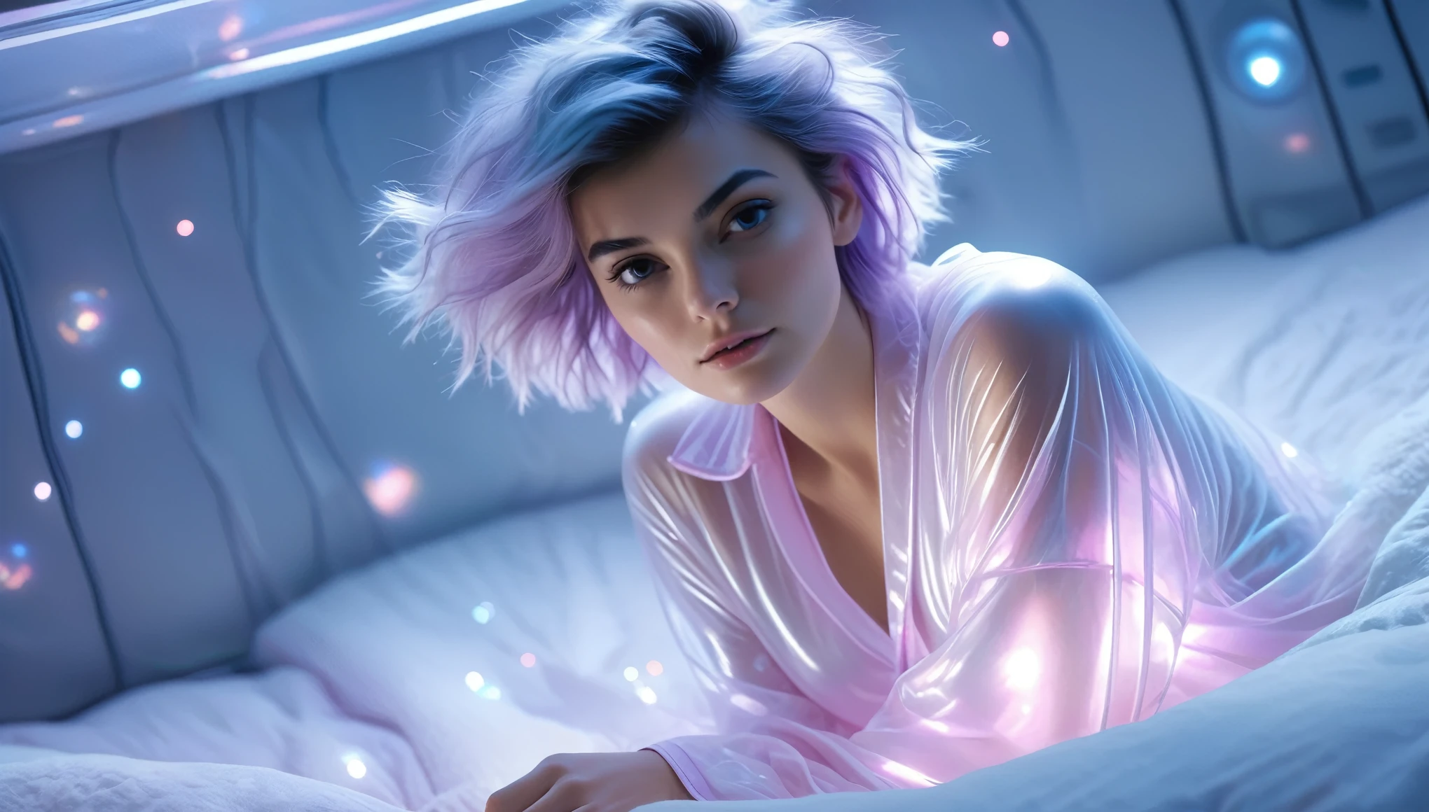 Top Quality, Masterpiece, High Resolution, 8k, (photorealistic:1.4), full body, (oversized rubber see-through pajama.:1.1), spaceship, bed with puffer bedlinen, dim light, beautiful woman, skinny, small breasts, pixie asymmetrical hair, detailed face, shy expression, facing the camera, photo taken from a distance, age of 20 years old, pastel colors