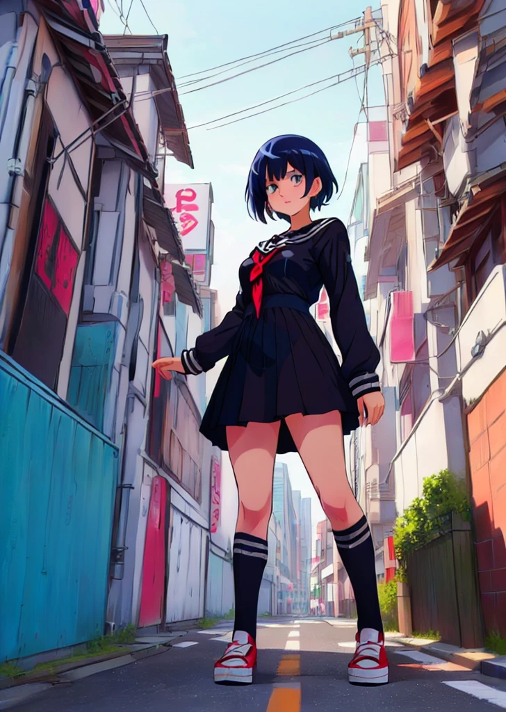 (perfect composition),anime character Sukeban delinquent girl  standing on a city street corner in black seifuku with black very long skirt, anime style. 8k, anime style mixed with fujifilm, retro anime girl, anime styled digital art, in tokyo, anime style illustration, anime style 4 k, anime style artwork, anime poster film still portrait, tokyo anime scene, modern anime style, anime style digital art, short hair, 26year old, red converse,