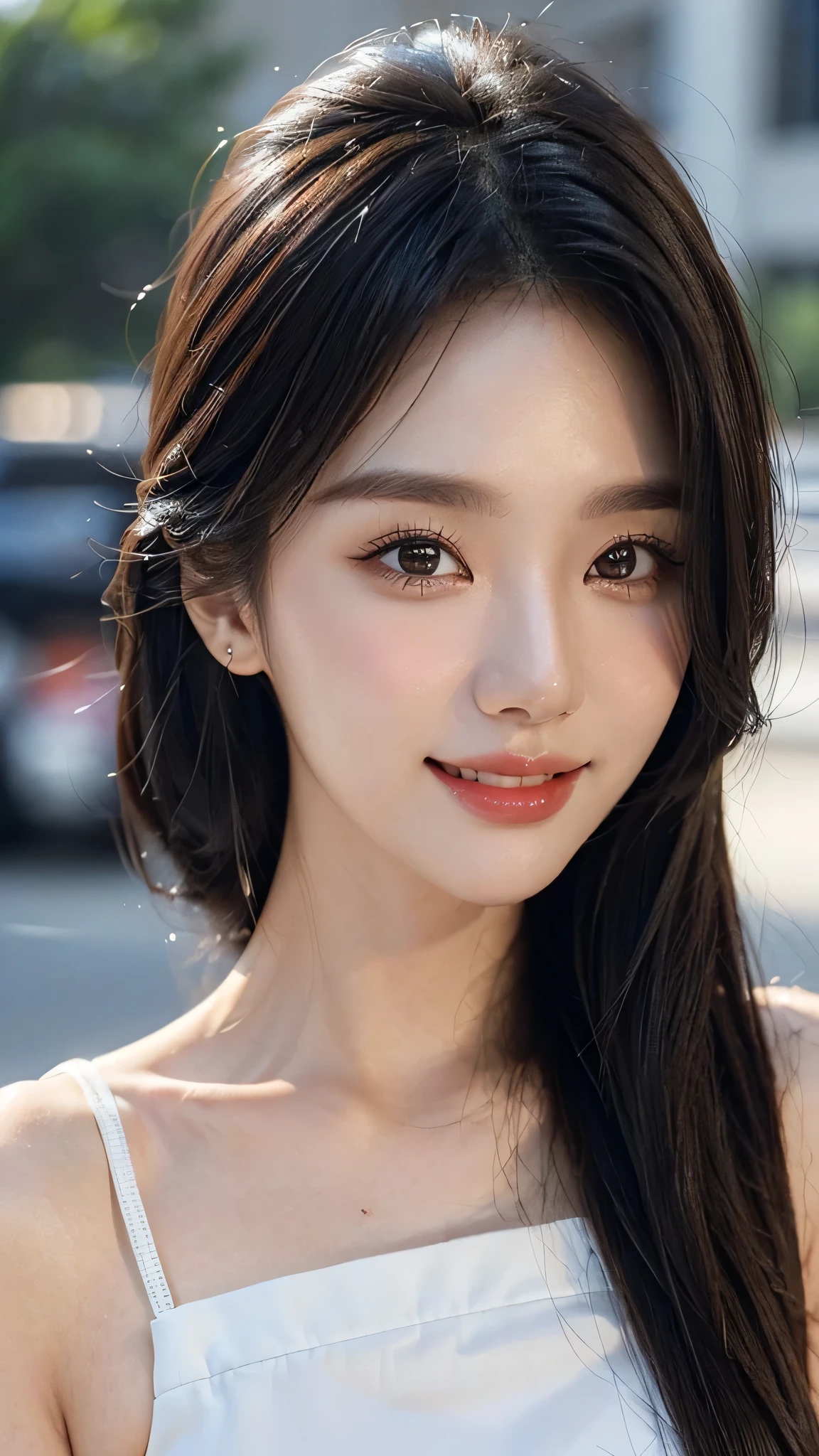 ​masterpiece、top-quality)、1 beutiful girl、(( plain clothes:1.1))、((Wearing black sunglasses )), (Detailed beautiful eyes), ((Detailed skin)) , ((Detailed beautiful hair))、((Smaller face))、((Neutral face))、((Face seen from the side))、((Light brown eyes))、((Korean Girl))、((18year old))、((cool lady))、((A shy smile on his face))、((Korean Makeup))、((elongated and sharp eyes))、((Happy dating))、((Shot from the same height as your face)、), ((CG rendering)), ((Blurred background)), ((deep shadow)),  ((16K)),  ((Very detailed)), ((wallpaper)), ((depth of field)), ((movie light)), (( Ray tracing)).