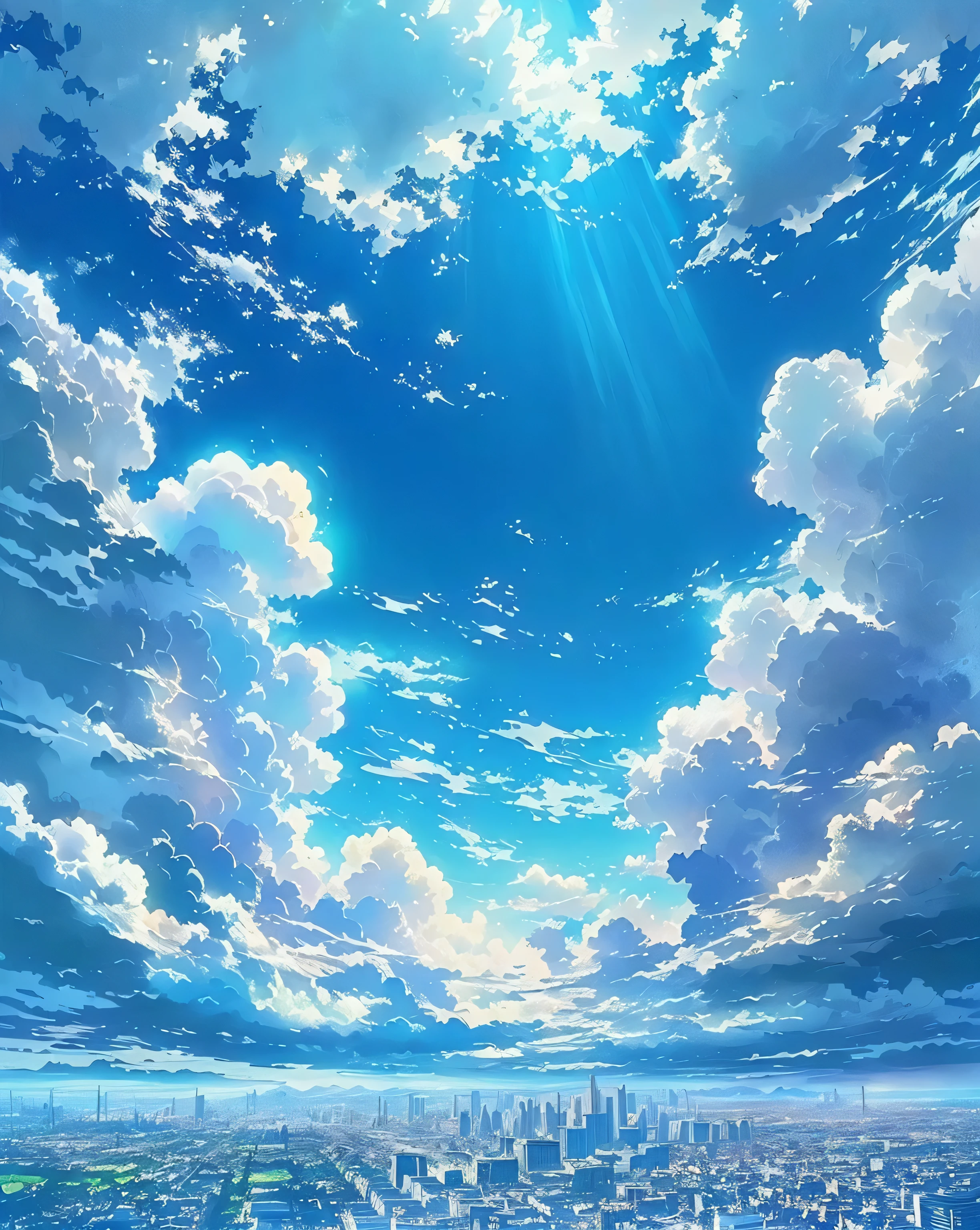 anime scenery of city with a sky background, anime sky, beautifull puffy clouds. anime, cosmic skies. by makoto shinkai, anime clouds, makoto shinkai!!, makoto shinkai!, beautiful anime scene, style of makoto shinkai, anime beautiful peace scene, beautiful anime scenery