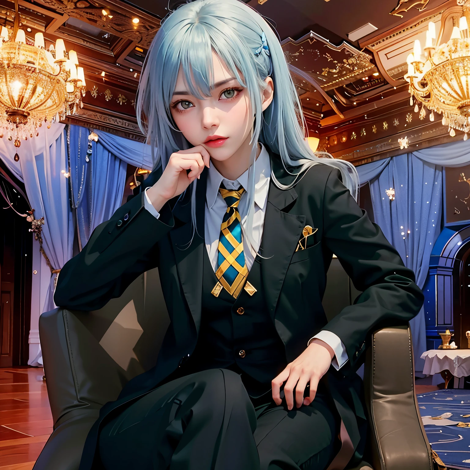 「Create a captivating image featuring a character with striking yellow eyes and long, luxurious blue hair, Emphasize the depth and intensity of your gaze. This masterpiece prioritizes the highest quality (1.5) Sharp details, Make sure your character's eyes and hair are well-defined. The scene must convey a sense of enchantment and fascination., Allows viewers to immerse themselves in the vivid charm of this character's unique characteristics.”