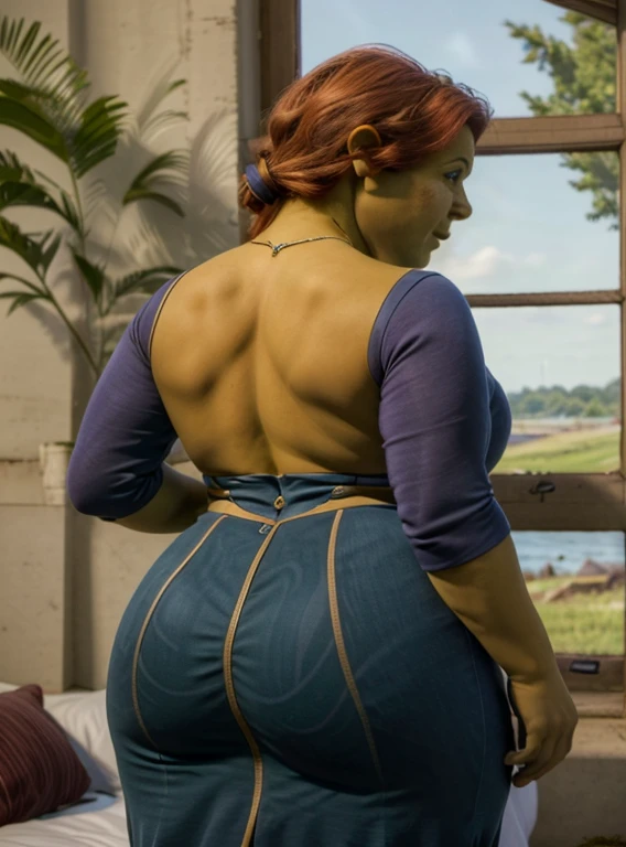 (FionaOrc:1), 1girl, cute, cute pose, (green skin, colored skin, red hair, blue eyes, monster girl, orc female, tick, plump, curvy, freckles, pointy ears), (purple dress:1.2), curvy, looking at viewer, smile, :D, breast focus, leaning forward,
(detailed ladscape, wetland , window, sky, dirt, bed:1.2), (background:1), (dynamic_angle:1.2), (dynamic_pose:1.2), (rule of third_composition:1.3), (dynamic_perspective:1.2), (dynamic_Line_of_action:1.2), solo, wide shot,
(masterpiece:1.2), (best quality, highest quality), (ultra detailed), (8k, 4k, intricate), (full-body-shot:1), (Cowboy-shot:1.2), (50mm), (highly detailed:1.2),(detailed face:1.2), detailed_eyes,(gradients),(ambient light:1.3),(cinematic composition:1.3),(HDR:1),Accent Lighting,extremely detailed,original, highres,(perfect_anatomy:1.2), ass, back view 
 