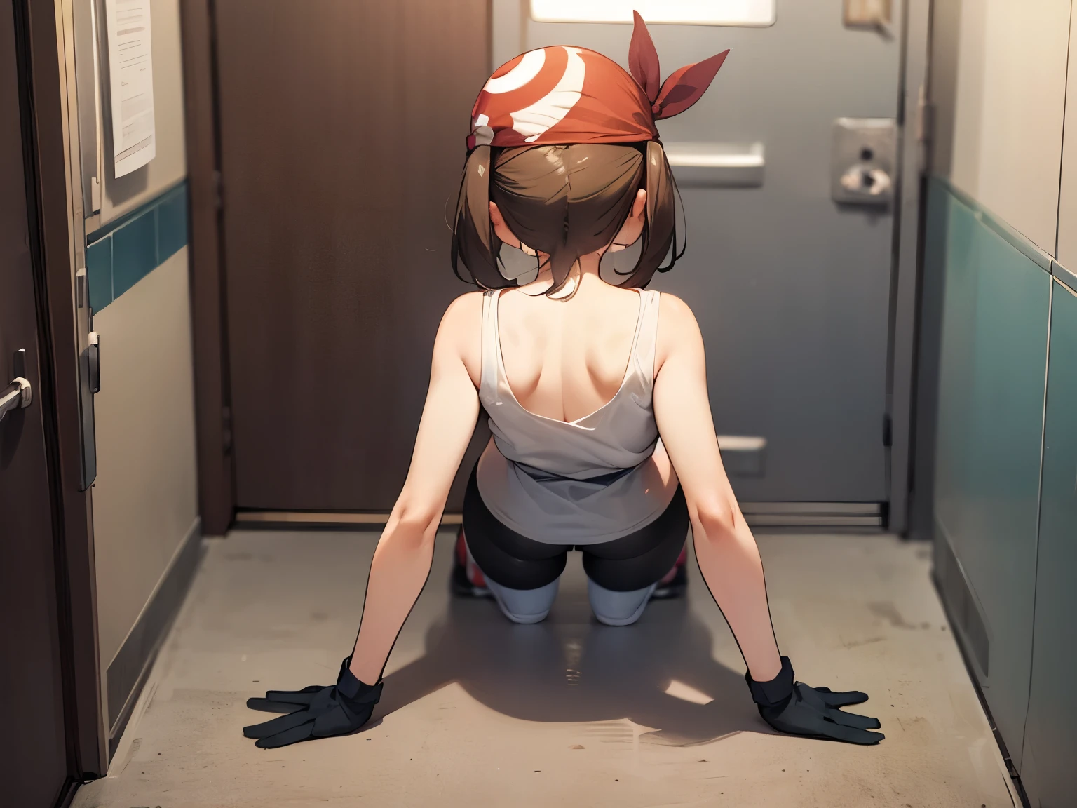 NSFW,Might be, shirt, Bike Shorts, bandana, 赤のshirt, hair band, Medium Hair, gloves, 弓のhair band, No sleeve, 赤いbandana,Streaks,Embarrassed,blush,In heat,A wistful look,I feel pleasure,(Perfect hands),(Perfect Anatomy),(masterpiece),(highest quality),hospital,Hospital room,Leg spread,On all fours,Lift your butt,Turn around