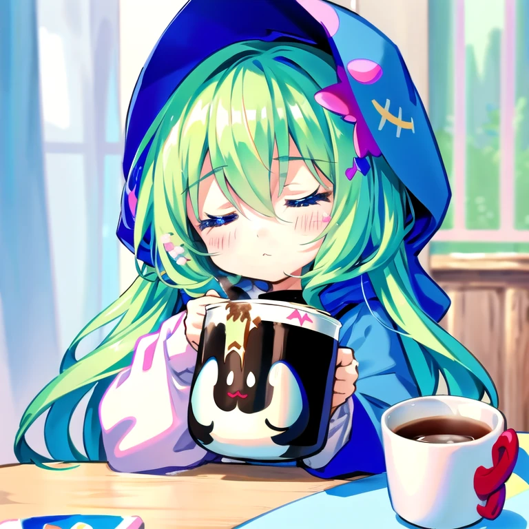 hood, fairy、Living in a coffee cup、highest quality、Masterpiece、Official Art、16ｋ、super beautiful、Super detailed、Ultra-fine、Disorganized、A warm and cozy world of pastel colors、Cute and fluffy、Chibi sleeping in a coffee cup、I close my eyes and doze off.kawaii tech,pastel colour、cute