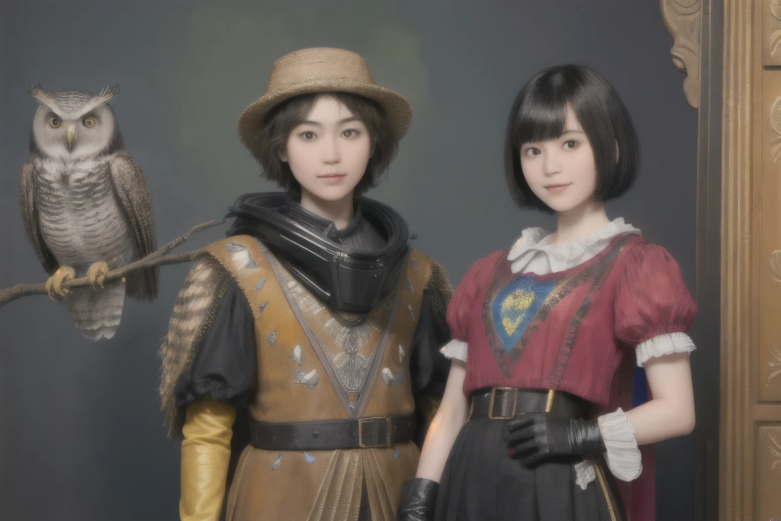 224 Short Hair, 20-year-old woman, A kind smile, (There are also colorful owls), (Rembrandt-style painting), ((machinery suit,Clothes with short sleeves)),I can see your abs