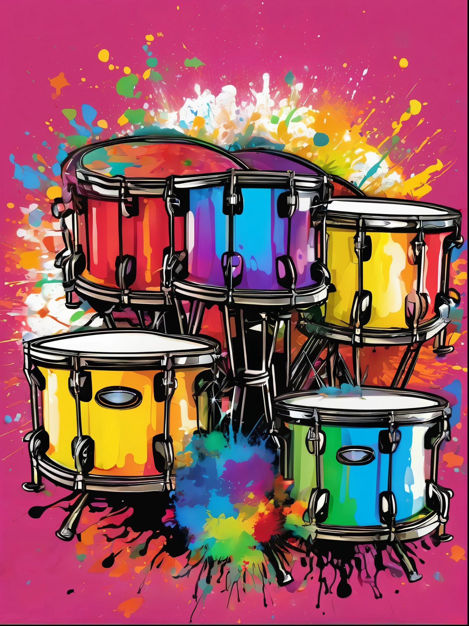 Vector Art, Colorful illustration with many steam drums, In the center, Vibrant colors, Paint splatters and stains, High Detail,Hawaii Background