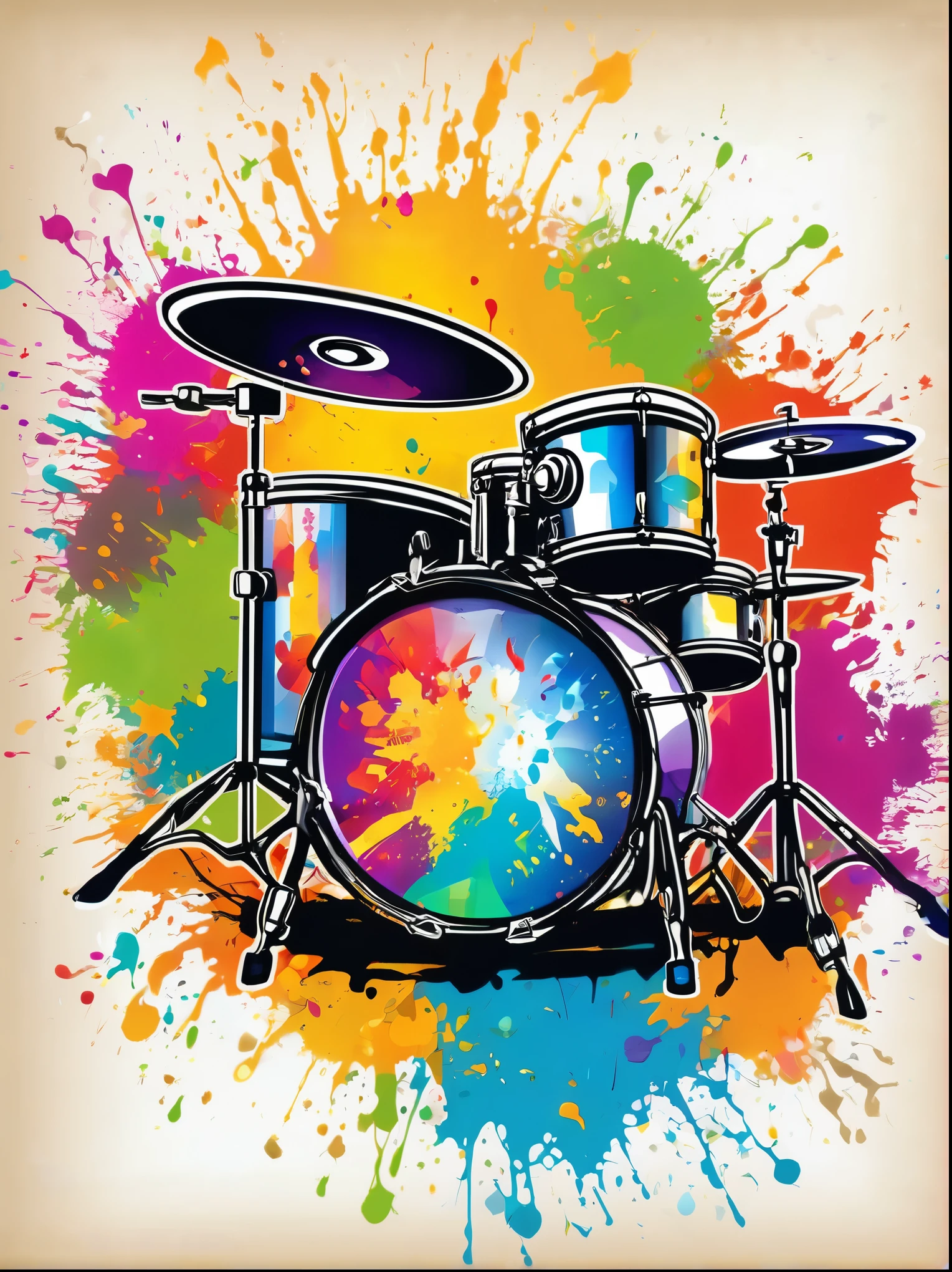 Vector Art, Colorful illustration with many steam drums, In the center, Vibrant colors, Paint splatters and stains, High Detail,Hawaii Background