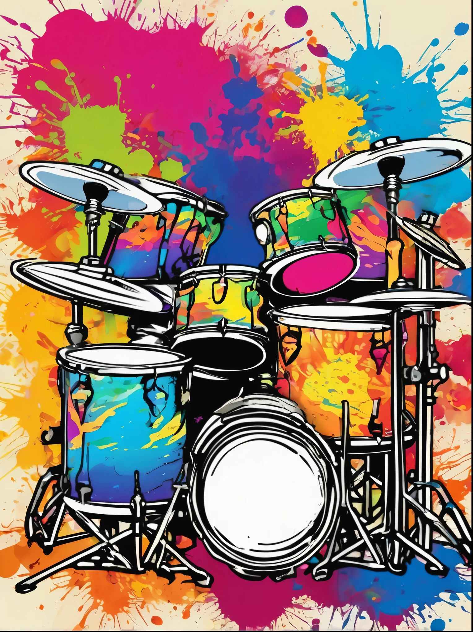 Vector Art, Colorful illustration with many steam drums, In the center, Vibrant colors, Paint splatters and stains, High Detail,Hawaii Background