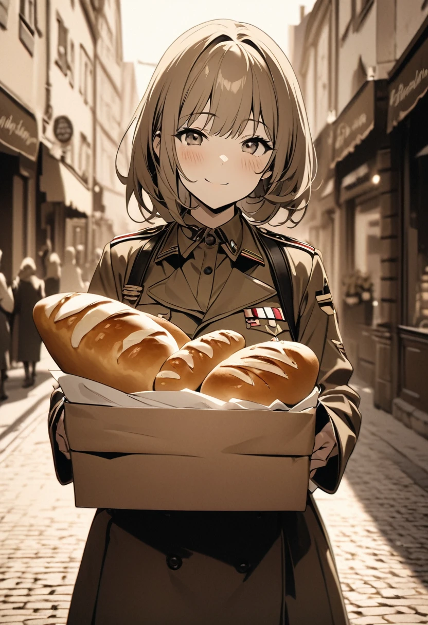 High quality, high definition images, full HD、8k.1 girl solo.To the former German army,German streets,I'm buying bread at a bakery in town.smile sepia photography