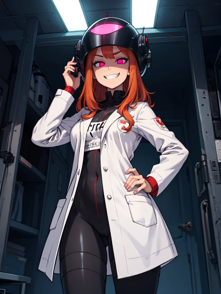 Sfw, mind control Sam by spider helmet robot, ginger hair, 'I have Sam's body', successfully possessed Sam, Glowing red piercing eyes, pervy evil grin, 'this is my body now', hahahaha, satisfying looks, venus body, , wearing white laboratory coat with green spy suit underneath, hands on hip, spider helmet