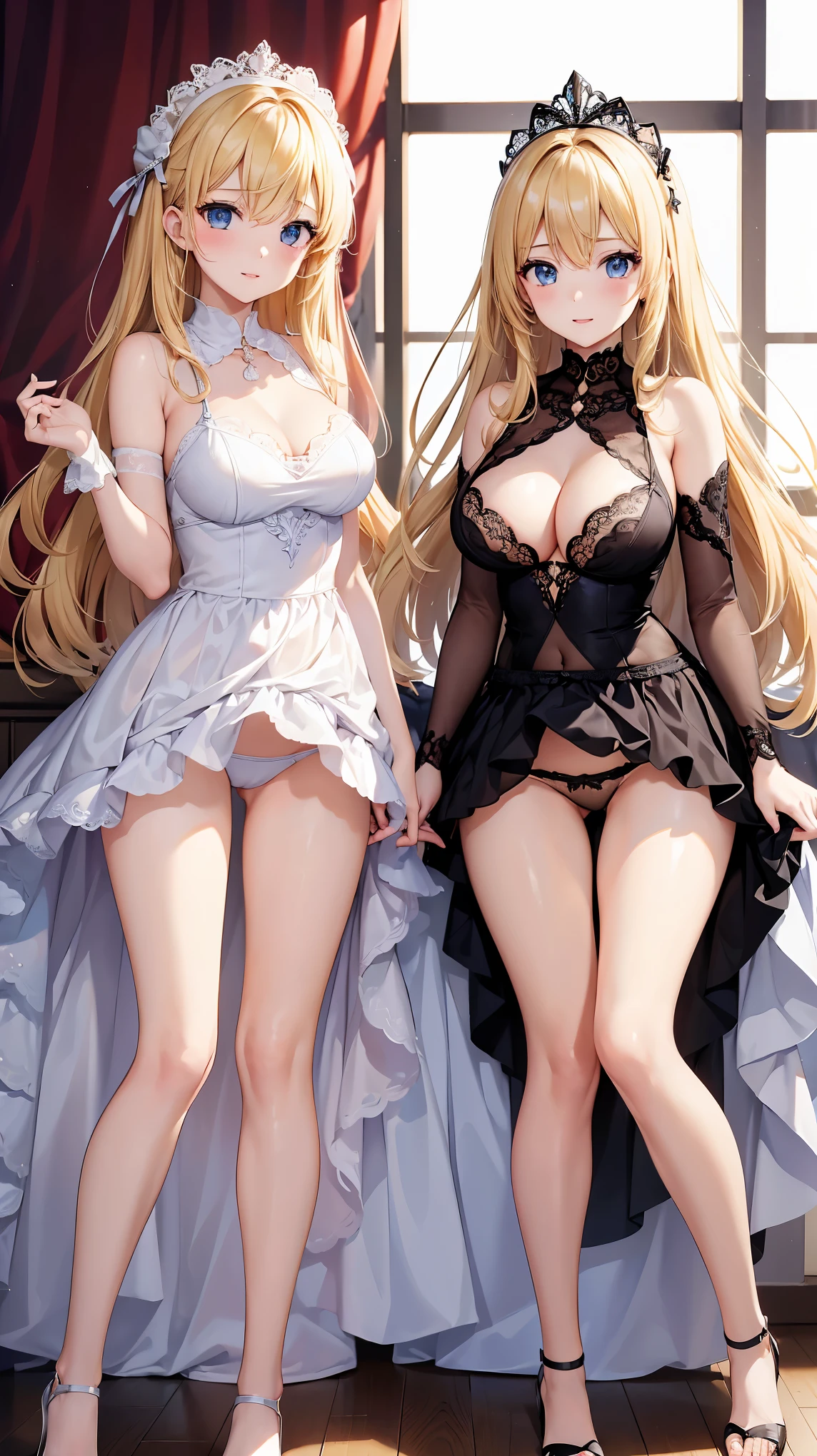 ((highest quality、High resolution))、Blonde、Sexy Dress、((Two beautiful girls showing their panties))、I'm tempting you