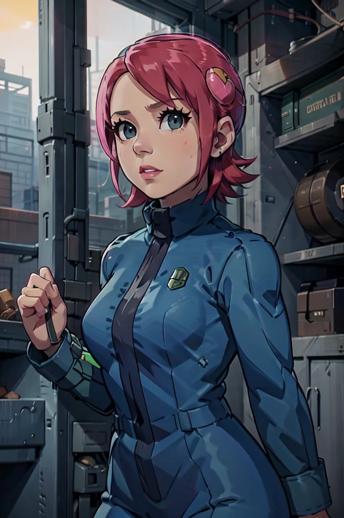 Mayl Sakurai reimagined as a vault dweller, doing maintenance in an underground vault. Her vibrant pink hair stands out against the dimly lit environment. She is a 26-year-old woman dressed in a vault dweller jumpsuit, indicative of her role in the post-apocalyptic world. The jumpsuit is worn but still functional, reflecting the harsh conditions of life underground. Her face is beautifully detailed, with expressive eyes that convey determination and intelligence. Her lips are also well-defined, adding to her overall allure.

In the vault, Mayl Sakurai is seen operating a pipboy, a wrist-worn device that serves as an essential tool and information hub for survival in the vault. The pipboy's screen emits a soft glow, illuminating Mayl's face and casting a subtle green hue on the surroundings. The details on the pipboy, from its buttons to its display, are extremely detailed, showcasing its futuristic design.

The underground vault is filled with mechanical equipment and pipes, emphasizing the importance of maintenance in this post-apocalyptic world. The atmosphere is gritty and industrial, with a hint of mystery and danger. The lighting is dim and has a hint of blue tones, enhancing the underground ambiance.

Despite the grim surroundings, Mayl Sakurai exudes confidence and strength as she jumps into action, ready to fulfill her duties as a vault dweller. Her posture and expression suggest that she is prepared to face any challenge that comes her way.

The image quality should be at its best, with 4K resolution and ultra-detailed rendering, capturing every intricate detail of the scene. The colors should be vivid, emphasizing the contrast between Mayl's vibrant pink hair and the dimly lit environment. The overall style should lean towards a post-apocalyptic concept art aesthetic, blending realism with a touch of fantasy.

In summary, the Stable Diffusion prompt for the provided theme would be:
Mayl Sakurai reimagined as a vault dweller, doing maintenance in an undergr