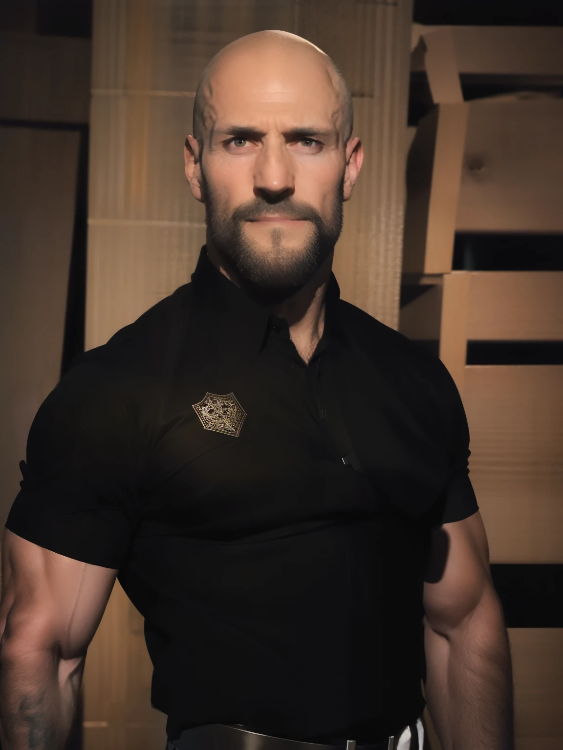 tall bald handsome man with beard, daddy, dark tattoos, lean fit body, black shirt, 30yo, dynamic lighting, lean body, black button up shirt, black belt, silver emblem on shirt, character sheet, half body shot