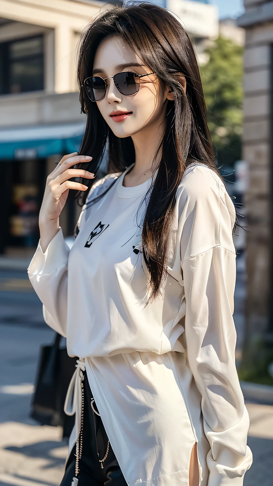 ​masterpiece、top-quality)、1 beutiful girl、Slim body、((Black and white plain clothes:1.1))、((Wearing black sunglasses )), (Detailed beautiful eyes), ((Detailed skin)) , ((Detailed beautiful hair)), Walk around the store、((Boyish Brown Medium Hair))、((Smaller face))、((Neutral face))、((Face seen from the side))、((Light brown eyes))、((Korean Girl))、((18year old))、((cool lady))、((A shy smile on his face))、((Korean Makeup))、((elongated and sharp eyes))、((Happy dating))、((boyish))、((Shot from the same height as your face)、), ((CG rendering)), ((Blurred background)), ((deep shadow)),  ((16K)),  ((Very detailed)), ((wallpaper)), ((depth of field)), ((movie light)), (( Ray tracing)).