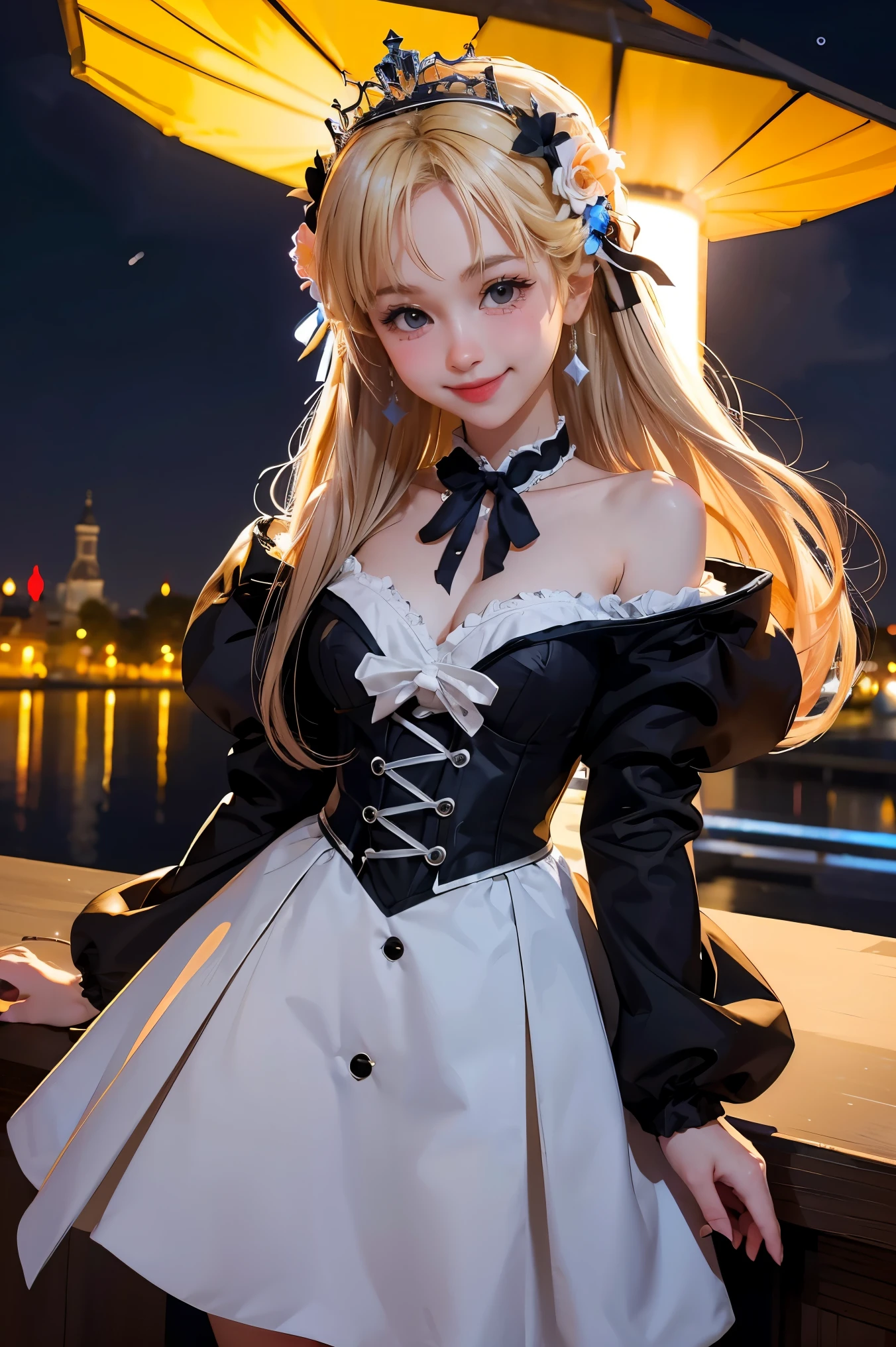 best quality, high_resolution, distinct_image, detailed background ,girl, random wear,flower, night sky,dutch angle, wide shot,shy smile, crown,  