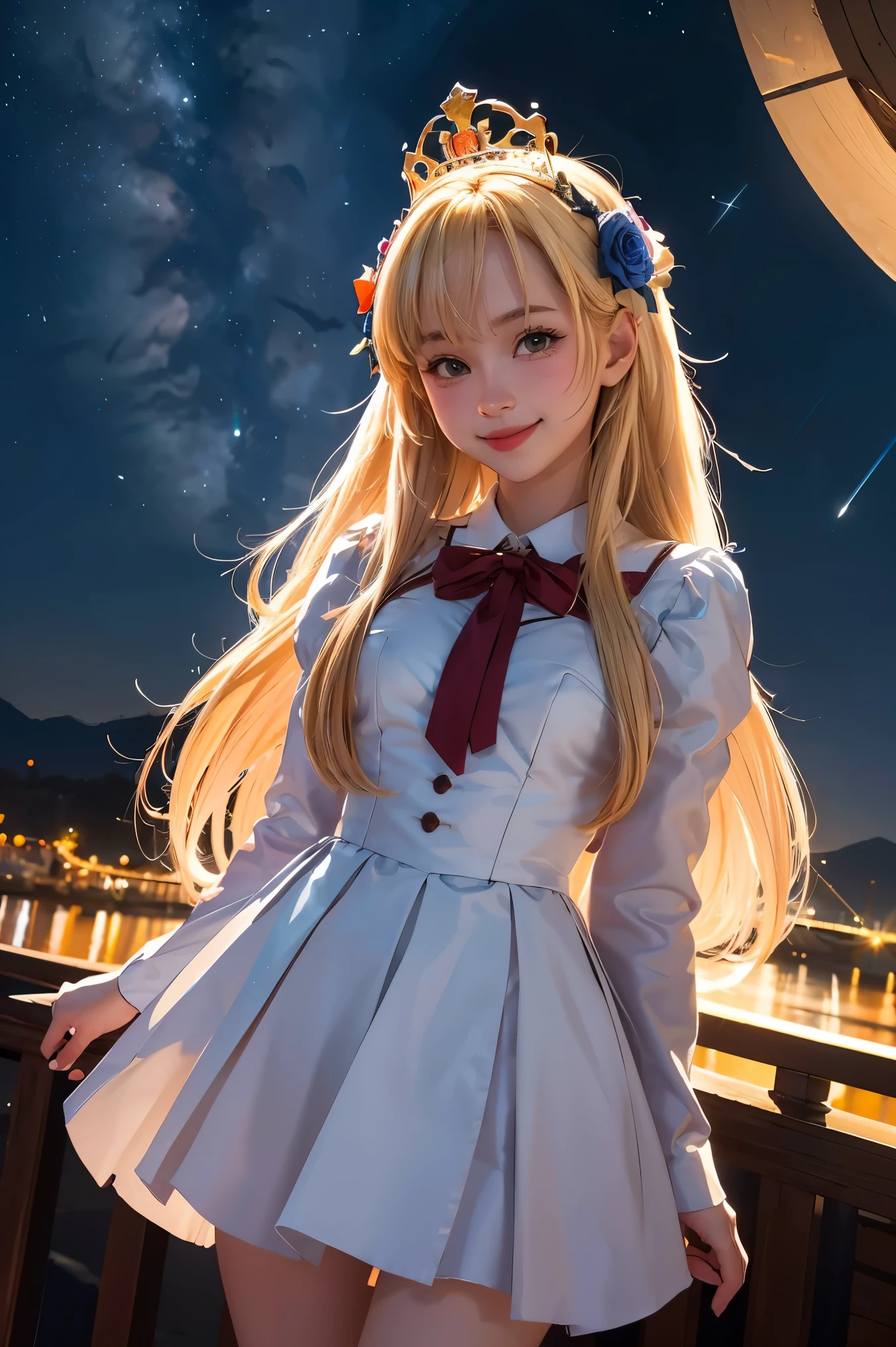 best quality, high_resolution, distinct_image, detailed background ,girl, random wear,flower, night sky,dutch angle, wide shot,shy smile, crown,