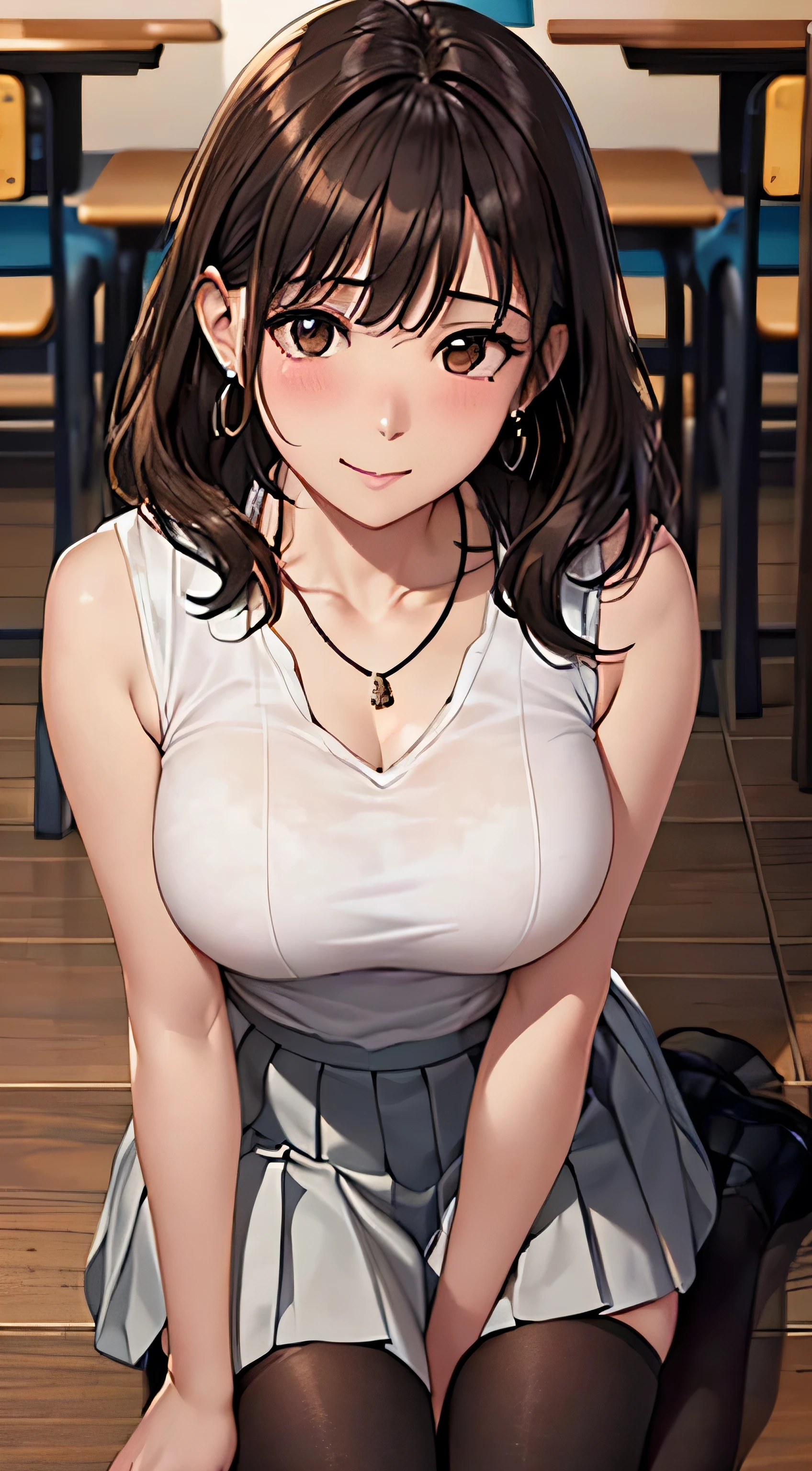(Tabletop, highest quality, High resolution, , Perfect Pixel, 4K,), 1 girl, single, alone, Beautiful woman、I could see the whole body、 ((Wavy mid-length hair, bangs, Brown Hair)), ((Brown eyes, Beautiful eyelashes, Realistic eyes)), ((Detailed face, blush:1.2)), ((Smooth texture:0.75, Realistic texture:0.65, Realistic:1.1, Anime CG Style)), Medium Chest, Dynamic Angle, Perfect body, female teacher、((, White sleeveless top、Long pleated skirt、Black Stockings、Cute Necklace、Earrings、)), look up、A shy smile、Accentuate your breasts、Put your hands behind your back and stick out your chest、Puffy nipples)、Angle from below、classroom、Sitting on the floor、、