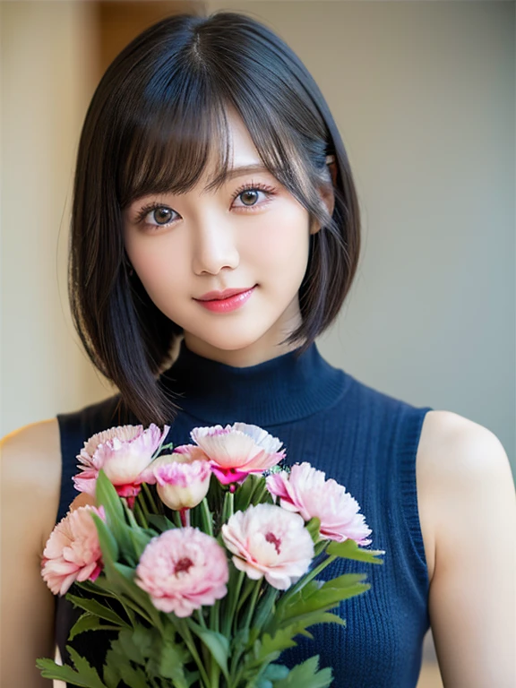 Medium Shot、((Upper Body))、(highest quality:1.5)、(Realistic:1.5)、(1 person:1.5)、(Very detailed)、(High resolution)、8k、((Wear a sleeveless sweater))、Slightly small breasts、Natural color lips、Cute Smile、20-year-old girl、(Beautiful and elaborate face)、(Perfect and beautiful face)、(Big eyes)、(Beautiful and elaborate face)、(Beautiful, balanced eyes)、Perfect and beautiful double eyelids、Perfect and beautiful face、Arched eyebrows、 Thin eyebrows、Feminine poses、Slim face、Slim figure、Beautiful and thin nose、 Beautiful Skin、(Medium Bob Hair)、Natural Bangs、Fair skin、Front lighting、(Lighting the face)、Deep blue eyes、Slim waistline、(Holding a bouquet of carnations)、