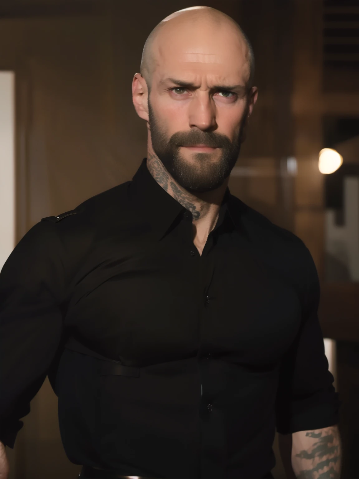 tall bald handsome man with beard, daddy, tattoos, lean fit body, black shirt, 30yo, dynamic lighting, lean body, black button up shirt, black belt, silver emblem on shirt, character sheet, half body shot, light brown eyes