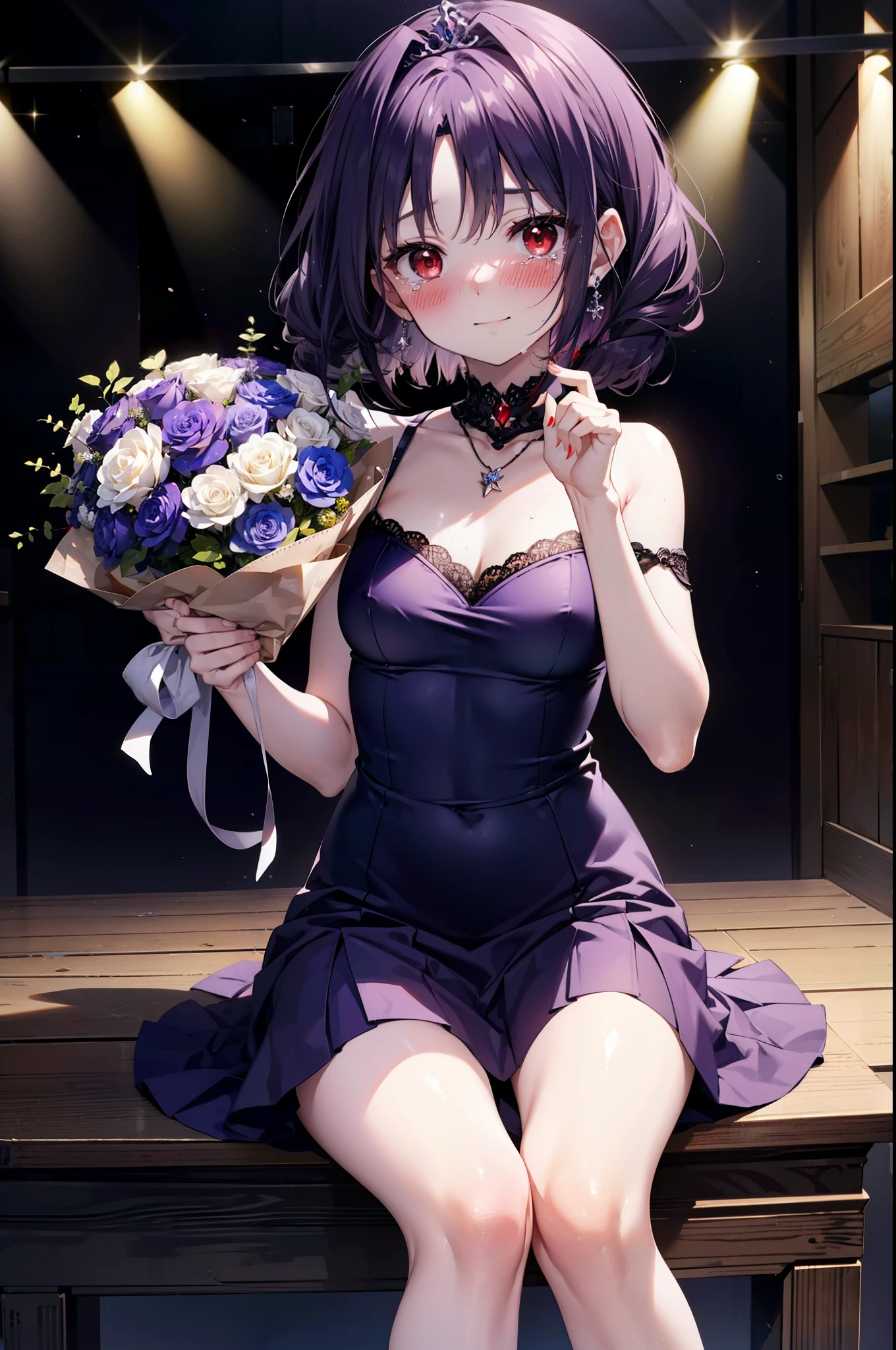 yuukikonno, Yuki Konno,Long Hair, tiara,Pointed Ears, Purple Hair, (Red eyes:1.5), (Small breasts:1.2), smile,Purple Dress,Purple long skirt,purple stiletto heels,Sleeveless,Expose your shoulders,Bare arms,Bare neck,bare clavicle,She is sitting in a chair with a large bouquet of flowers in both hands..,There is a big cake on the table,Heart Necklace,Tears stream down her face,Tears of joy,I cry a lot,whole bodyがイラストに入るように,
break indoors, Party Venue,on stage,
break looking at viewer, whole body,
break (masterpiece:1.2), highest quality, High resolution, unity 8k wallpaper, (shape:0.8), (Beautiful details:1.6), Highly detailed face, Perfect lighting, Extremely detailed CG, (Perfect hands, Perfect Anatomy),