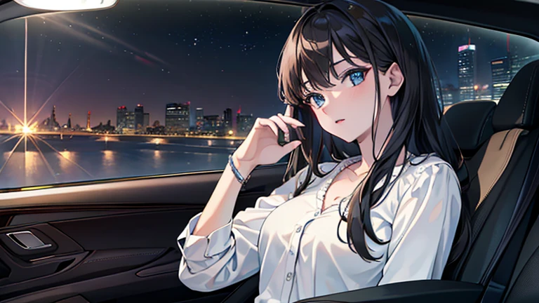 ((highest quality)), ((masterpiece)), (detailed), Perfect Face,A woman sitting in the passenger seat of a car driving on a highway at night,Street lamp light