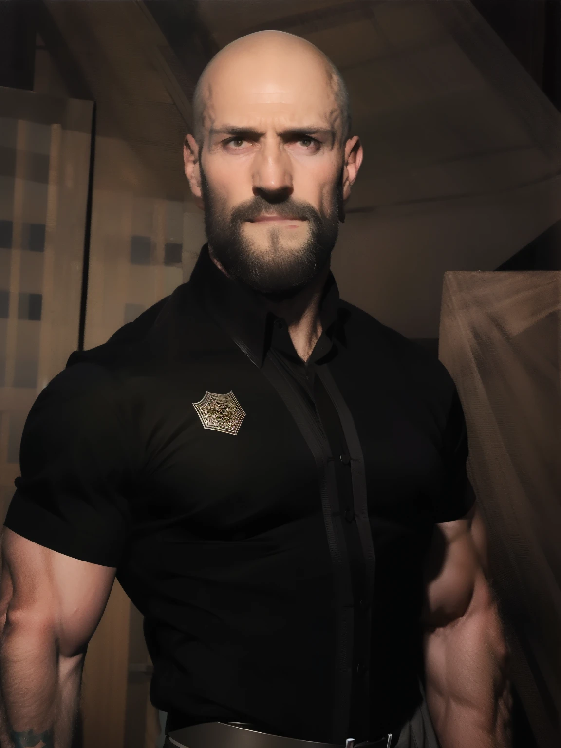 tall bald handsome man with beard, daddy, dark tattoos, lean fit body, black shirt, 30yo, dynamic lighting, lean body, black button up shirt, black belt, silver emblem on shirt, character sheet, half body shot