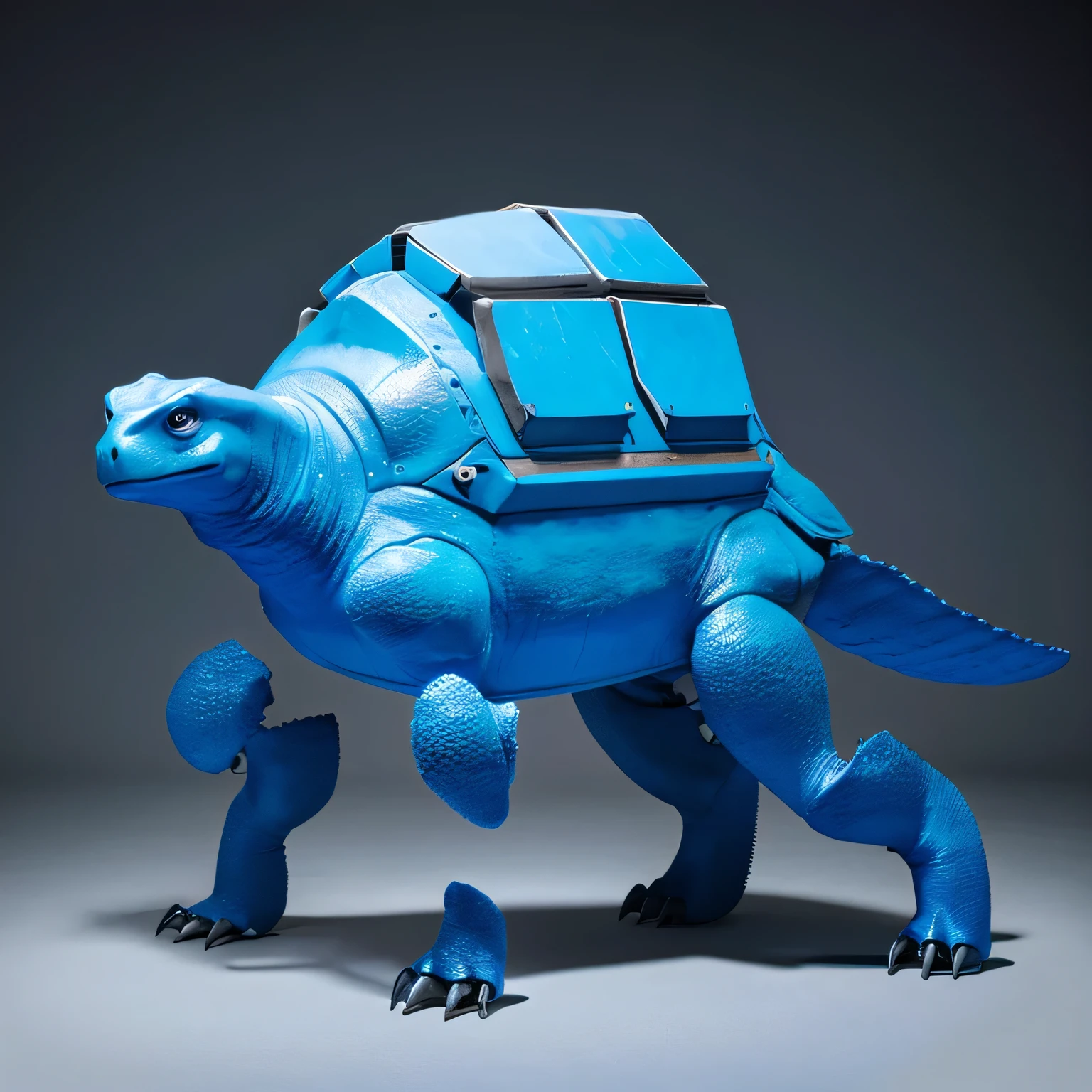 A big blue bipedal turtle with a cannon on its back