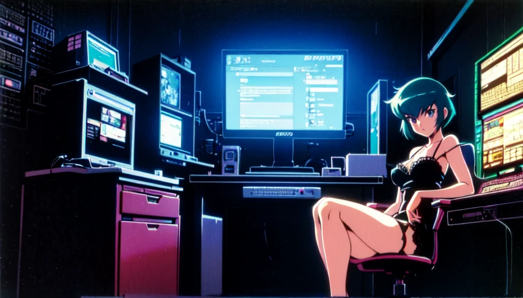 (perfect composition), (high resolution, masterpiece, ultra best quality, insanely amazing hyper fine extremely detailed, official:1.4)( full body, 80's horny milf hacker anime girl in lingerie sitting at a desk with a vintage computer, seductive hacker anime girl in lingerie, retro cyberpunk anime, 80's cyberpunk anime girl in lingerie, digital cyberpunk anime!!, best anime 4k konachan wallpaper, (anime girl with green teal short hair), 90's anime style in 4 k, mega man legend art ,black latex lingerie, black lace lingerie, 80's, multiple old computer , serial experiments lain room,  high degree electronic laboratory, lots of old computer hardware, surrounded by old computer screen, a lots of cable wires, octane rendering, colorful contrast, unadorned, dark computer room, night, betterHands 