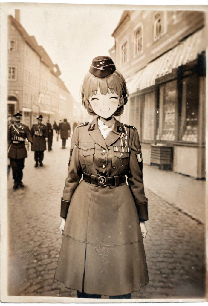 High quality, high definition images, full HD、8k.1 girl solo.To the former German army,German streets,I'm buying bread at a bakery in town.smile sepia photography