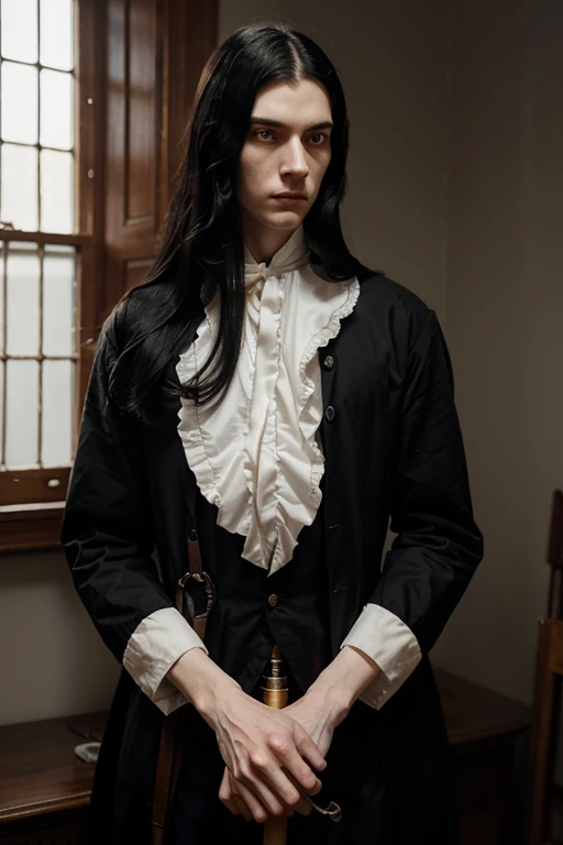 a tall, thin man of 20 years old in a classic 19th century tutor costume with a serious and gloomy face, long straight black hair, in a cylinder, pale skin, tired look, hand prosthesis, cane, completely black blind right eye without pupil, color image, everything in anime style, without decorations