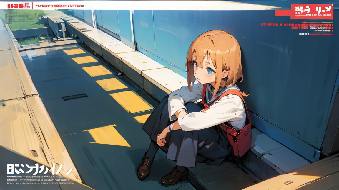Anime girl sitting on the ground, Low Perspective, Magazine Cover