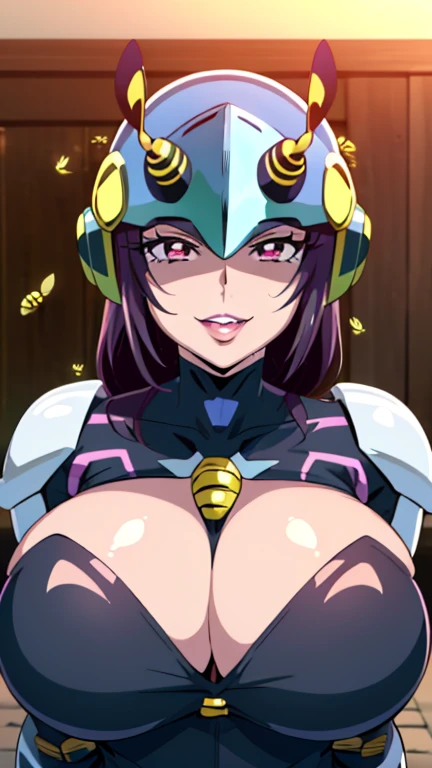 (high quality, Super detailed, 最high quality, Very detailed, beautiful, masterpiece),Realistic image of a bee mature woman,(Evil black cyborg mech monster bee woman monster),(Realistic upper body).(Evil bee black cyborg mech monster rubber suit:1.5),(Black evil bee cyborg mech monster helmet:1.5),Black evil bee shoulder armor,Black Bee Armor Suit,((Super super big breasts)),((Super super super big cleavage)),Big breasts bigger than the face,Bursting breasts,(Human female face:1.5),(Ikuyo Hoshizora (Smile PreCure!) LoRA),