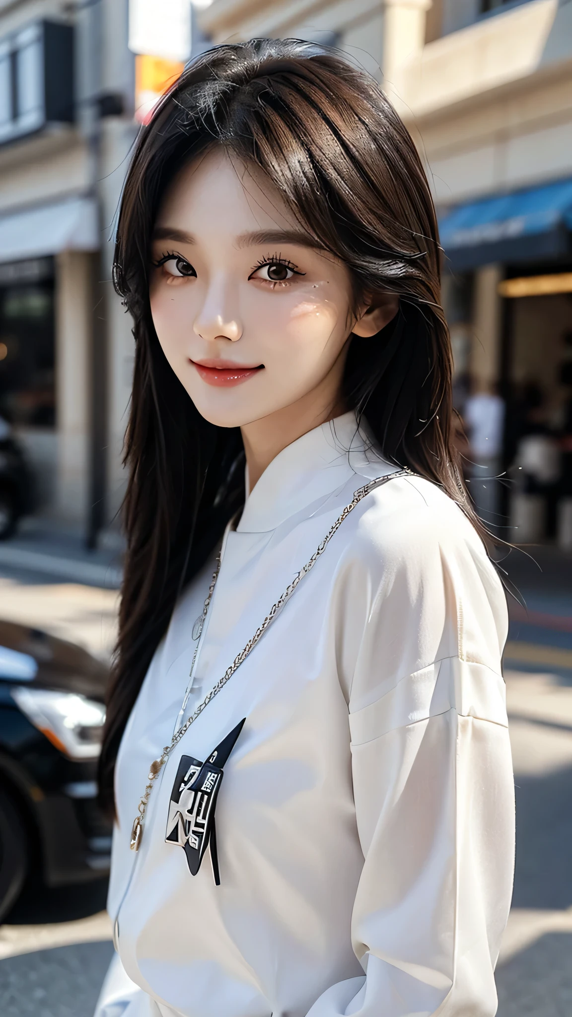 masterpiece、top-quality)、1 beutiful girl、Slim body、((Black and white plain clothes:1.1))、((Wearing black sunglasses )), (Detailed beautiful eyes), ((Detailed skin)) , ((Detailed beautiful hair)), Walk around the store、((Boyish Brown Medium Hair))、((Smaller face))、((Neutral face))、((Face seen from the side))、((Light brown eyes))、((Korean Girl))、((18year old))、((cool lady))、((A shy smile on his face))、((Korean Makeup))、((elongated and sharp eyes))、((Happy dating))、((boyish))、((Shot from the same height as your face)、), ((CG rendering)), ((Blurred background)), ((deep shadow)), ((16K)), ((Very detailed)), ((wallpaper)), ((depth of field)), ((movie light)), (( Ray tracing)).