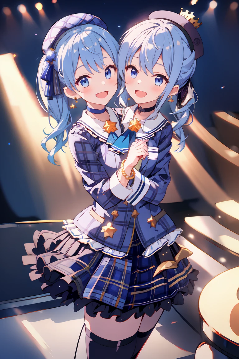 (masterpiece, best quality), best resolution, 16k, (2heads:1.5), dynamic angle, 1girl, HoshimachiSuisei, side ponytail, blue hair ribbon, SuiseiBase, plaid beret, crown, blue star choker, star earrings, blue ascot, plaid jacket, plaid skirt, layered skirt, partially fingerless gloves, star bracelet, uneven legwear, thigh strap, standing, cheek to cheek, (holding hands, praying hands), smile, open mouth, singing, look at viewer, happy, stable, concert stage, starfield, spotlight