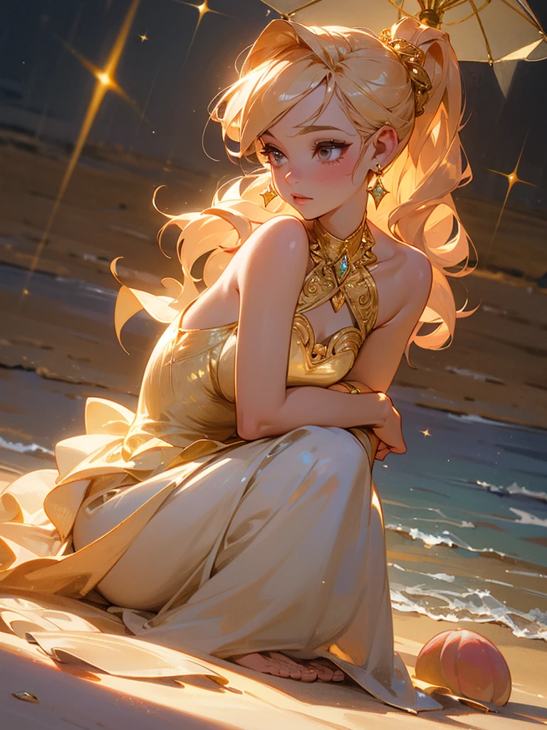 peach tones sparkles a gorgeous beautiful woman sitting on the sand collecting shells in a basket by the sea crystals diamonds play of light, gentle face, perfect, delicate volumetric watercolor, mascara, contour drawing with colored pencil, gold lissing, @laskavi&Headlight transparent gold hair updo expressive eyes, long eyelashes, elegant sophisticated cream peach satin cutout dress, filigree, realistic, a high resolution, High detail, jewelry earrings sunny