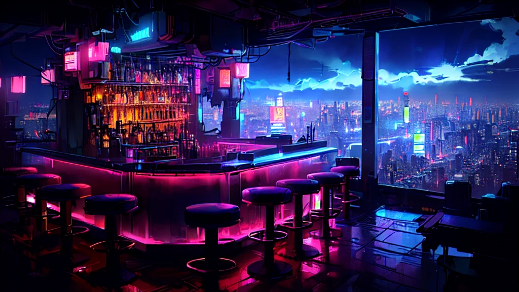 (masterpiece), best quality, CG 4k, simple background, dark tone, (night time), anime background art, anime background, anime movie background, anime background concept art, a dimly lit bar with stools and a view of the city, cyberpunk nightclub, very smoky cyberpunk bar, on future tokyo night rooftop, futuristic cyberpunk tokyo night, on tokyo cyberpunk night rooftop, cinematic neon matte painting, neon light rooftop, cyberpunk atmosphere, neo - noir setting, night life, cyberpunk vibe, bar background, cyberpunk setting